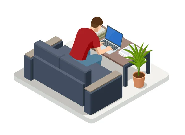 Isometrisk affärsman som arbetar hemma med laptop och papper på skrivbordet. Frilans eller studera koncept. Online möte arbete formulär hem. Hemkontor. — Stock vektor