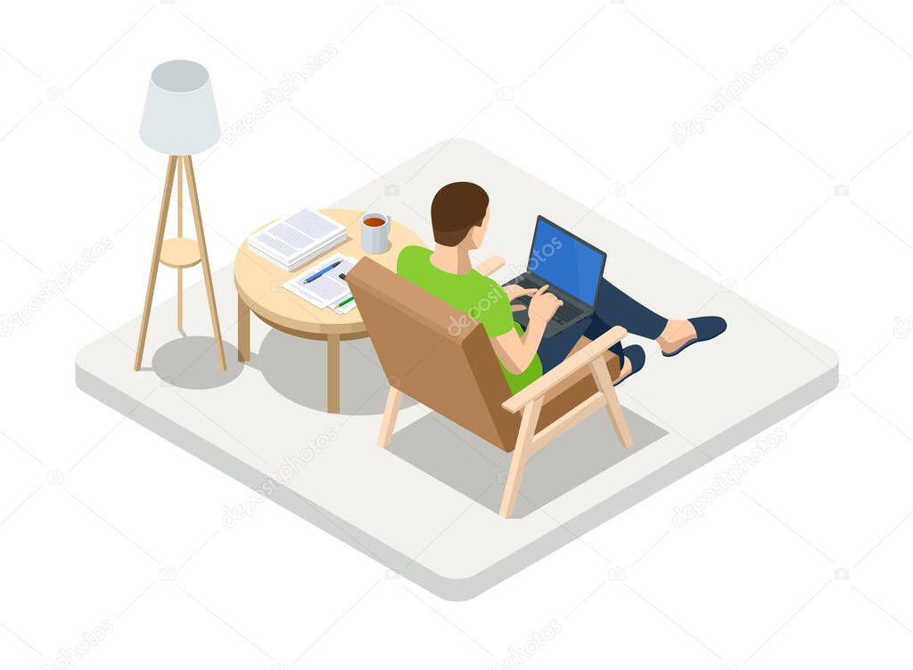 Isometric business man working at home with laptop and papers on desk. Freelance or studying concept. Online meeting work form home. Home office.