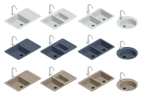 Isometric çeşitli elementler mutfak lavabosu beyaz arka planda izole edilmiş mutfak tasarımı için.. — Stok Vektör
