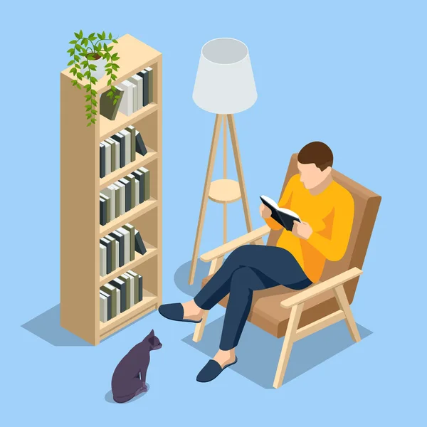 等人坐在家里的椅子上看书。知识、学习和教育概念 — 图库矢量图片