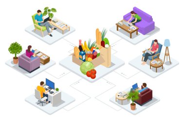 Isometric video konferansı. Evde çalışmak, ortak çalışma alanı. Çevrimiçi iş görüşmesi formu. Merkez Ofis.