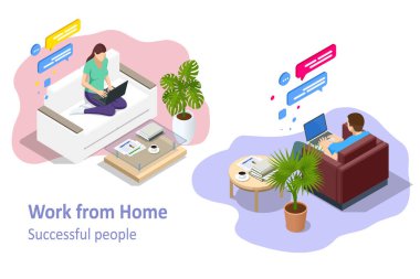 Isometric video konferansı. Evde çalışmak, ortak çalışma alanı. Çevrimiçi iş görüşmesi formu. Merkez Ofis.