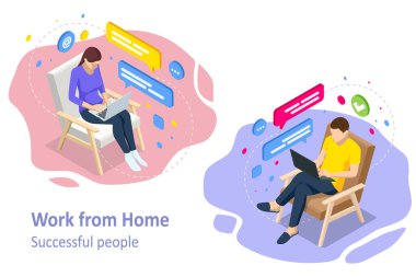 Isometric video konferansı. Evde çalışmak, ortak çalışma alanı. Çevrimiçi iş görüşmesi formu. Merkez Ofis.