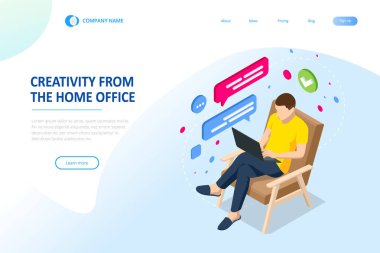 Isometric video konferansı. Evde çalışmak, ortak çalışma alanı. Çevrimiçi iş görüşmesi formu. Merkez Ofis.