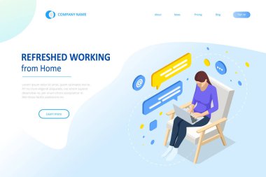 Isometric video konferansı. Evde çalışmak, ortak çalışma alanı. Çevrimiçi iş görüşmesi formu. Merkez Ofis.