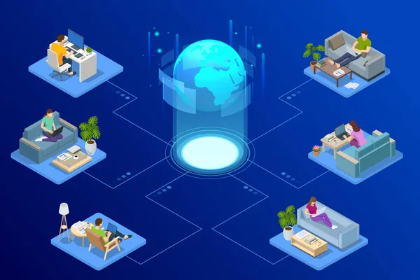 Изометрическая видеоконференция. Работать дома, работать в коворкинге. Онлайн-конференция работает дома. Министерство внутренних дел. — стоковый вектор