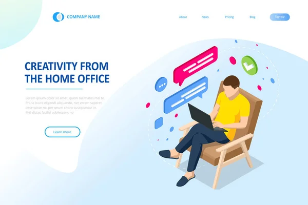 Izometrická videokonference. Pracuje doma, spolupracuje. Domovská stránka pracovní schůzky online. Domovská kancelář. — Stockový vektor