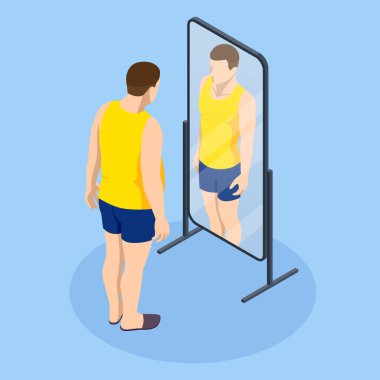 Aşırı ağırlık ve sağlık sorunu. Isometric Fat Man aynaya bakar ve kendini zayıf olarak görür. Sağlık riski, obezite.