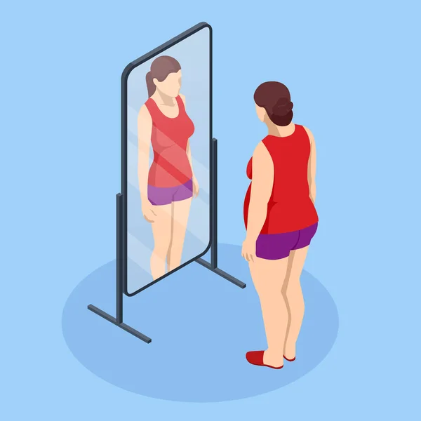 Problema de exceso de peso y salud. La gorda isométrica se mira en el espejo y se ve delgada. Riesgo para la salud, obesidad. — Archivo Imágenes Vectoriales