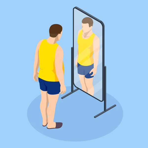 과잉 체중과 건강 문제. 이 뚱뚱 한 남자는 거울을 들여다보며 자신이 날씬하다고 생각 합니다. 건강상의 위험, 비만. — 스톡 벡터
