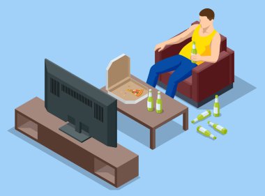 Itrik bir adam kanepeye oturur, pizza yer, çok bira içer ve televizyon izler. Evde dinlen..
