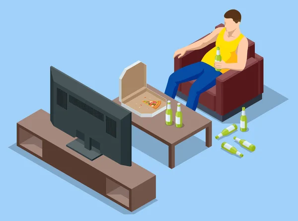 Homem isométrico senta-se no sofá, come pizza, bebe muita cerveja e assiste TV. Descanso em casa. — Vetor de Stock