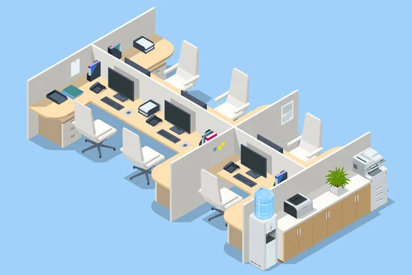Mesa de computador maciça isométrica com seis desktops e cadeiras, interior do escritório. Interior de escritório acolhedor moderno loft. — Vetor de Stock