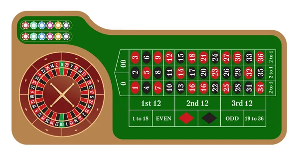 美国风格的轮盘轮盘和表格矢量插图.赌场流行的赌博。扑克。命运的游戏. — 图库矢量图片