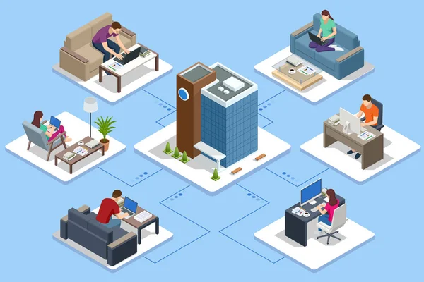 Isometric homme d'affaires et femme travaillant à la maison avec un ordinateur portable et des papiers sur le bureau. Technologie Business Analytics utilisant le big data, le cloud computing, le modèle statistique. — Image vectorielle