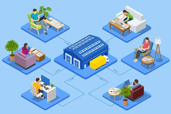 Homem de negócios isométricos amd mulher que trabalha em casa. Logística e Entrega Infográficos. Entrega em casa e escritório. Logística municipal. —  Vetores de Stock