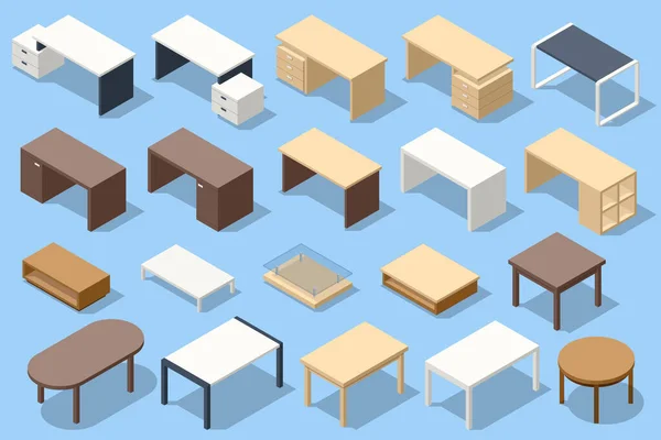 Table de bureau isométrique, table blanche vide, mobilier de bureau et ensemble vectoriel d'icônes de démarrage d'entreprise — Image vectorielle