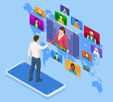 Isometric Online Business to Business Marketing, B2B Çözüm, iş pazarlama konsepti. İki iş ortağı el sıkışıyor..