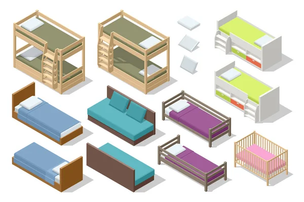 Ensemble isométrique de différents types de lits pour enfants et adolescents isolés sur blanc. Icônes de meubles en bois. — Image vectorielle