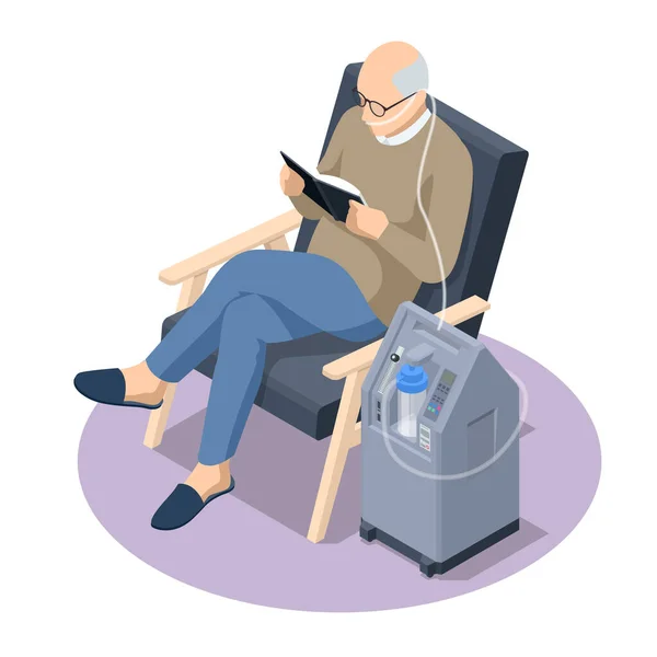 Isométrico Home Medical Oxygen Concentrator. Conceito de saúde, vida, pensionista. Homem idoso com doença pulmonar obstrutiva crônica com oxigênio suplementar — Vetor de Stock