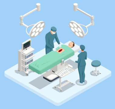 Modern Ameliyathane 'de Isometric Ekipman ve Tıbbi Cihazlar. Tıbbi Ekip Modern Ameliyat Odasında Cerrahi Operasyon Yapıyor