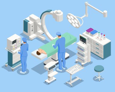Modern Ameliyathane 'de Isometric Ekipman ve Tıbbi Cihazlar. Tıbbi Ekip Modern Ameliyat Odasında Cerrahi Operasyon Yapıyor