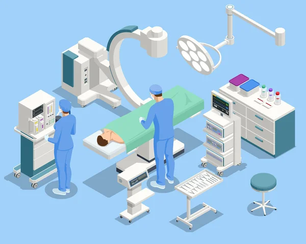 Ισομετρικός εξοπλισμός και ιατρικές συσκευές στο σύγχρονο χειρουργείο. Ιατρική ομάδα που εκτελεί χειρουργική λειτουργία στο σύγχρονο χειρουργείο — Διανυσματικό Αρχείο