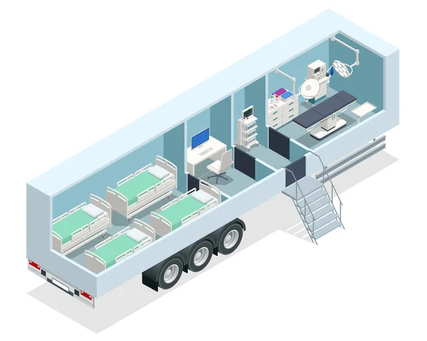 Izometrikus kórház a kocsiban. Mobilkórház orvosi ágyakkal, laboratóriummal és műtővel. — Stock Vector