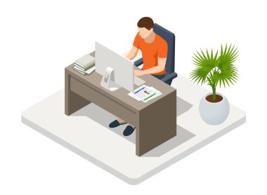 Evde dizüstü bilgisayarı ve masa başında kağıtları olan bir iş adamı. Serbest çalışmak ya da konsept çalışmak. Çevrimiçi iş görüşmesi formu. Merkez Ofis.
