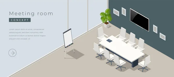 Isométrico moderno interior de la sala de reuniones con cartel vacío en la pared de hormigón, el equipo. — Vector de stock