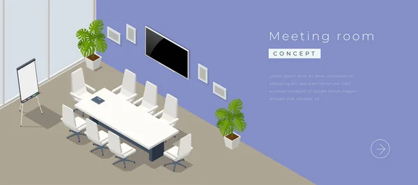 Isométrica moderna sala de reuniões interior com cartaz vazio na parede de concreto, equipamentos. — Vetor de Stock