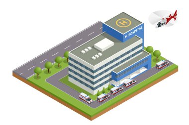 Isometric şehir hastanesi, helikopter ve ambulans. Çatıda helikopter için bir yer var. Sağlık ve İlaç