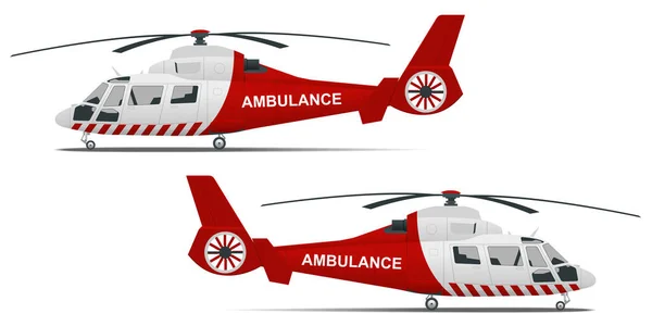 Helicóptero de resgate vista lateral sobre um fundo branco isolado. Helicóptero de evacuação médica vermelho. Helicóptero de ambulância. Cuidados de saúde, diagnóstico hospitalar e médico. —  Vetores de Stock