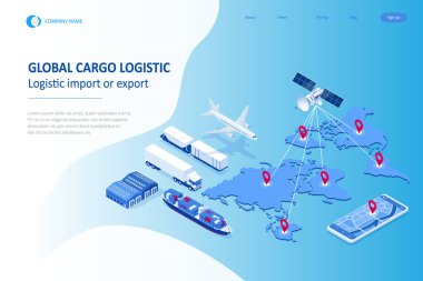 Isometric Global lojistik ağı konsepti. Nakliye gemisi. Uydu nakliye aracının hareketini izliyor. Denizcilik, hava taşımacılığı lojistik, depo depolama konsepti, ihracat veya ithalat