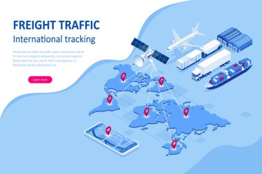 Isometric Global lojistik ağı konsepti. Nakliye gemisi. Uydu nakliye aracının hareketini izliyor. Denizcilik, hava taşımacılığı lojistik, depo depolama konsepti, ihracat veya ithalat