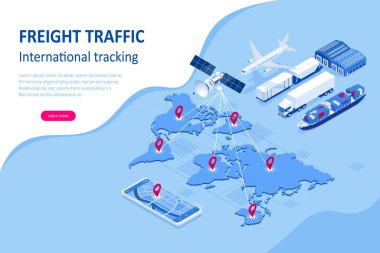 Isometric Global logistics network concept. Freight shipping. Satellite tracks the movement of freight transport. Maritime, air shipping transport logistic, warehouse storage concept, export or import clipart
