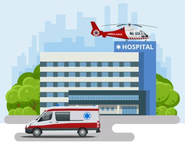 Hastane binası, ambulans ve Kızıl Tıbbi tahliye helikopteri. Ambulans helikopteri. Sağlık, hastane ve tıbbi teşhisler.