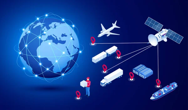 Izometryczna koncepcja globalnej sieci logistycznej. Żegluga towarowa. Satelita śledzi ruch transportu towarowego. Logistyka transportu morskiego, lotniczego, magazynowego, eksportu lub importu — Wektor stockowy