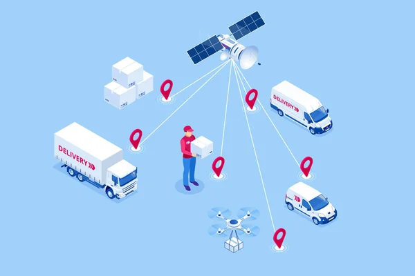 Isométrico Concepto de red logística global. Envío de carga. Satélite rastrea el movimiento del transporte de mercancías. Logística de transporte marítimo, aéreo, concepto de almacenamiento de almacén, exportación o importación — Vector de stock