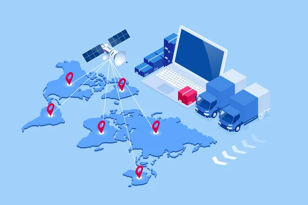 Isometriskt globalt logistiknätverkskoncept. Frakt. Satelliten spårar godstransporternas rörelser. Sjöfart, luftfart logistik, lagring i lager, export eller import — Stock vektor