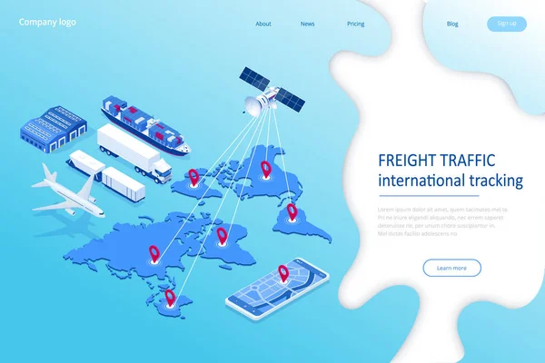 Isometric Global lojistik ağı konsepti. Nakliye gemisi. Uydu nakliye aracının hareketini izliyor. Denizcilik, hava taşımacılığı lojistik, depo depolama konsepti, ihracat veya ithalat — Stok Vektör