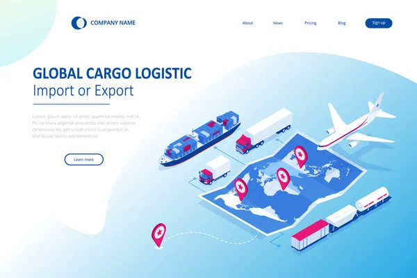 Isometric Global logistics network concept. Nákladní doprava. Satelit sleduje pohyb nákladní dopravy. Námořní, letecká doprava logistika, skladovací koncepce, export nebo import — Stockový vektor