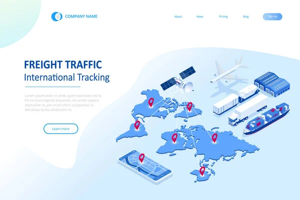 Isometric Global logistiek netwerk concept. Vrachtvervoer. Satelliet volgt de beweging van het goederenvervoer. Logistiek van het zeevervoer, het luchtvervoer, het opslagconcept, de uitvoer of de invoer — Stockvector