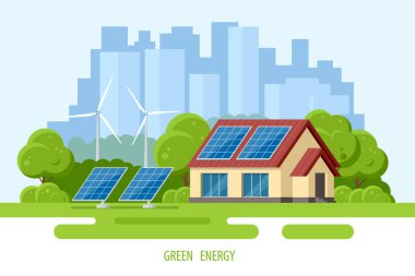Modern evin çatısındaki güneş panelleri. Yenilenebilir enerji kaynakları. Yedek enerji depolama sistemi. Ekoloji Evi