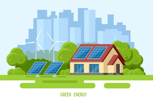 Zonnepanelen op het dak van het moderne huis. Hernieuwbare energiebronnen. Back-up energieopslagsysteem. Ecologie thuis — Stockvector