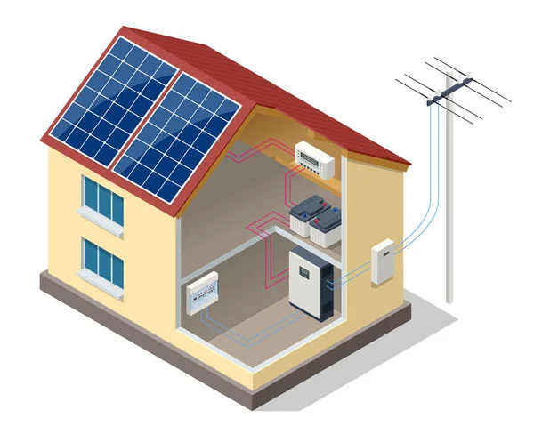 Modern evin çatısındaki güneş panelleri. Yenilenebilir enerji kaynakları. Yedek enerji depolama sistemi. Ekoloji Evi — Stok Vektör