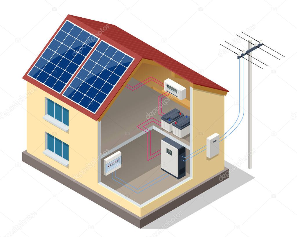 Solar panels on the roof of the modern house. Renewable energy sources. Backup power energy storage system. Ecology home