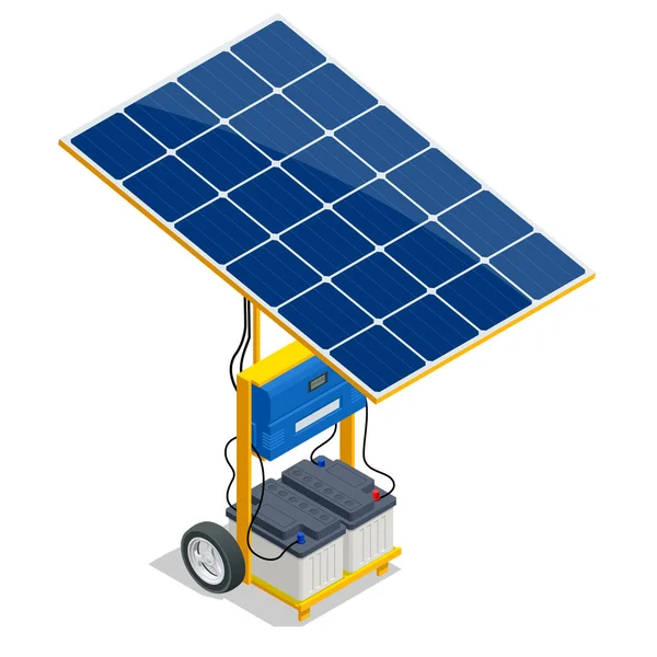 Panel Solar isométrico y batería de energía verde. Fuentes de energía renovable. Sistema de almacenamiento de energía de reserva aislado sobre fondo blanco. — Vector de stock