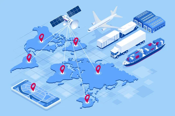 Isometric Global logistics network concept. Nákladní doprava. Satelit sleduje pohyb nákladní dopravy. Námořní, letecká doprava logistika, skladovací koncepce, export nebo import — Stockový vektor
