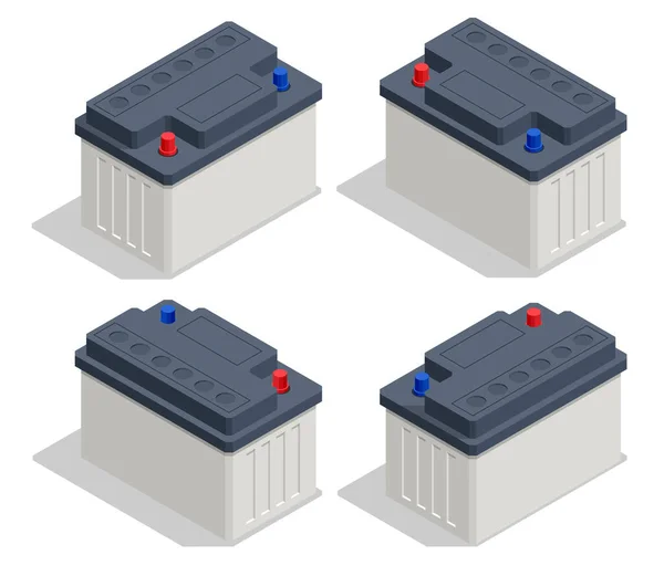 Isometrische Autobatterie Isoliert auf weißem Hintergrund. Akkumulator Batterie Energie und Elektrizität Akkumulator Batterie. Recycelbare Elemente der Fahrzeugbatterie. — Stockvektor